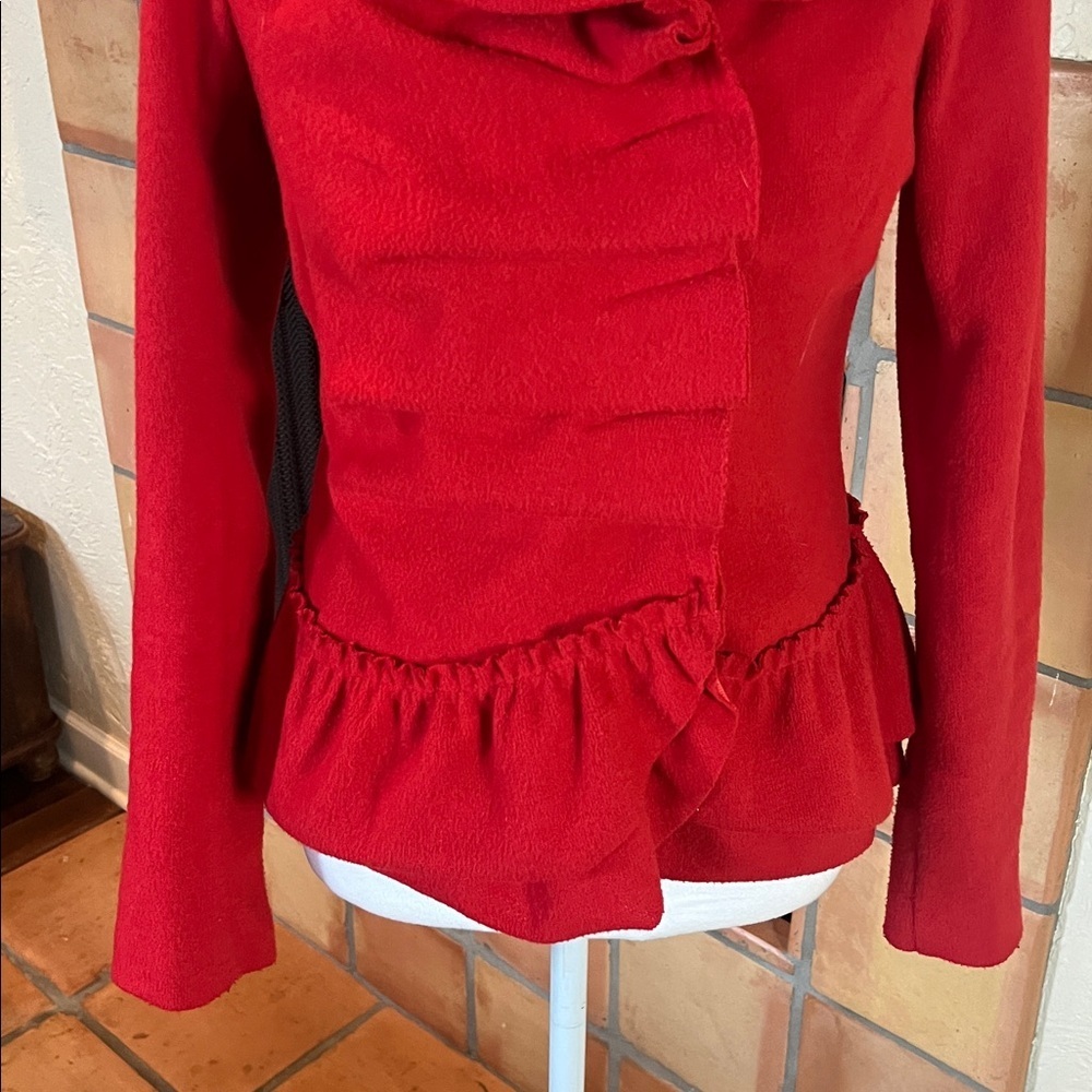 RYU Red Textured Polyester Pleated Ruffle Snap Up Jacket, size S - Picture 3 of 10